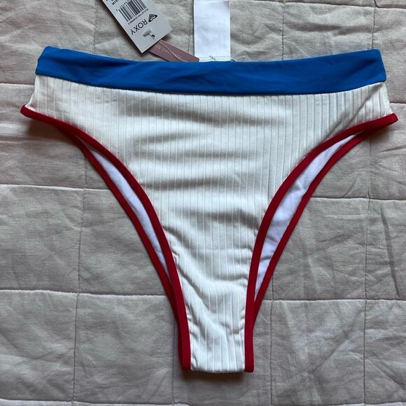 NWT Roxy Red White & Blue High Waist Moderate Coverage Bikini Bottoms - Small - Picture 1 of 7